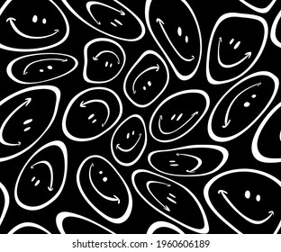 Black and white warped happy faces pattern. Seamless Vector
