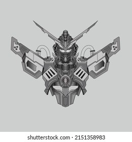 knight robot guerrero blanco y negro en el fondo de ornamentos sagrados de geometría, perfecto para tatuajes