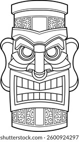 Black And White Warrior Tiki Mask with Ornamental Carvings and Gold Accents. Hawaiian Polynesian Totem Art. Vector Hand Drawn Illustration Isolated On Transparent Background