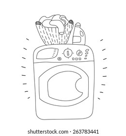 Black and white washing machine with a bottle of detergent and a basket of laundry, cartoon style vector illustration