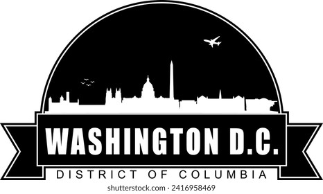 Black and white Washington D.C. buildings skyline negative air space silhouette dome shaped emblem with scroll banner below and name text inside. Vector eps graphic design.