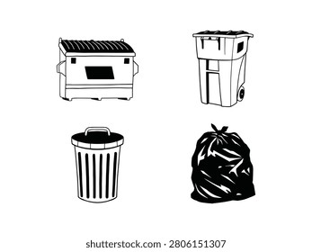 Black and white waste management collection illustration set. Flat line art dumpsters garbage cans and plastic refuse bags isolated on a white background