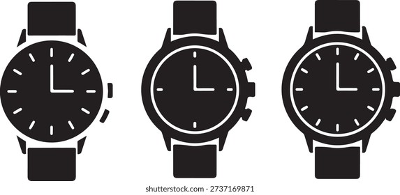 Black and white watch faces with different band and clock hand positions watches clocks silhouettes
