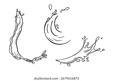 Conjunto de vetores de splash de água em preto e branco. Suco de esboço desenhado à mão, cerveja, óleo e água respinga em movimento. Ilustrações de ondulações e quedas para embalagens de bebidas, design de menus e rótulos.