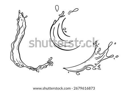 Black and white water splash vector set. Hand drawn line art sketch juice, beer, oil and water splashes in motion. Outline waves and drops illustrations for drink packaging, menu design and labels.