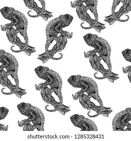 Black and white watercolor chameleon seamless pattern with butterflies, tropical flowers, twigs and leaves. Botanical monochrome classic illustration on white background.