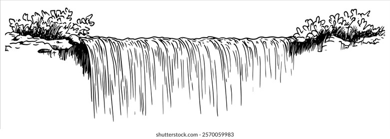 black and white waterfall illustration with flowing water and plants