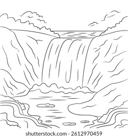 A black and white waterfall illustration line art of a coloring page