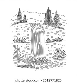 A black and white waterfall illustration line art of a coloring page