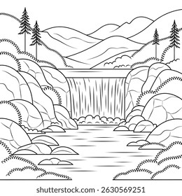 A black and white waterfall illustration line art of a coloring page 