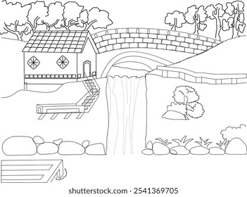 Black and White Waterfall View Image. Coloring book of house and waterfall