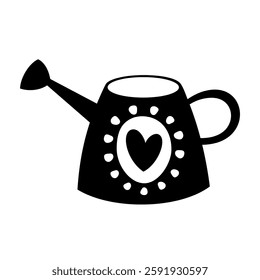 Black and white watering can clipart. Cute seasonal object in cartoon flat style. Hand draw vector illustration