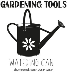 Black and white watering can silhouette. Garden tool vector illustration gift card certificate sticker, badge, sign, stamp, logo, label, icon, poster, patch, banner invitation