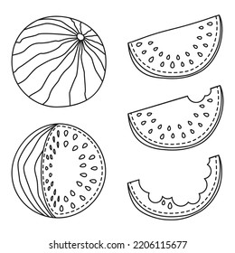 Black and white watermelon collection of 5 elements Healthy vegan food Summer themed vector illustration for icon, stamp, label, badge, sticker or gift card decor
