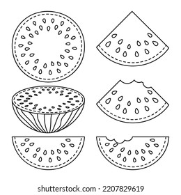 Black and white watermelon collection of 6 elements Healthy vegan food Summer themed vector illustration for icon, stamp, label, badge, sticker or gift card decor
