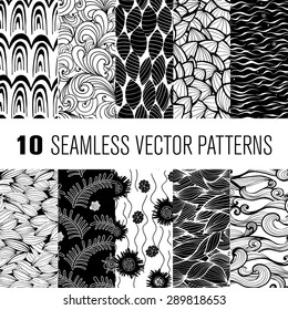 Black and white wave and floral patterns seamlessly tiling. Can be used for wallpaper, pattern fills, web page background, surface textures, textile. 