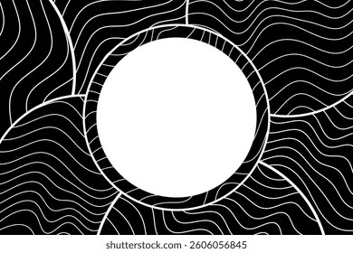 Black And White Wave Lines Pattern Background With Circle Frame. Technology Banner. Vector Illustration. Abstract Business Wallpaper