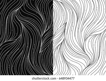 Black and white wave patterns. Textured abstract backgrounds. Vector illustration.