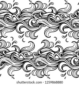 Black and white wave seamless patterns. Hand drawn line art vector illustration. Abstract monochrome background
