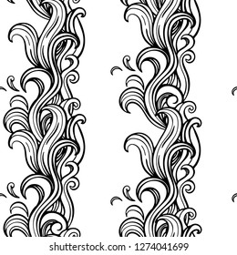Black and white wave seamless patterns. Hand drawn line art vector illustration.