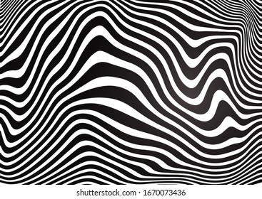 Black and white wave stripe optical abstract design. Vector background. Curved lines.