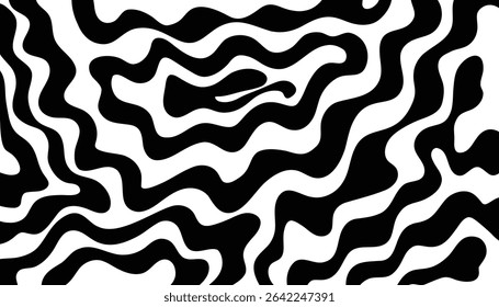 Fundo abstrato óptico de faixa de onda preta e branca. linhas curvas. projeto de vetor de paisagem monocromática. fundo geométrico minimalista ondulado