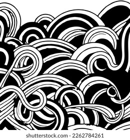 Black White Waves Doodles Background. Handmade vector art.