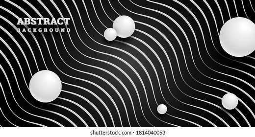 Fondo ondulado blanco y negro con bolas 3D. Resumen de fondo con esferas. Ilustración vectorial. Patrón de ondas. Banner negro horizontal. Decoración moderna. Banner de diseño de lujo, cubierta, papel pintado.