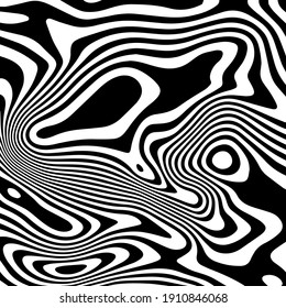 
Black white wavy background optical illusion. Lines stripes pattern distortion ripple effect.