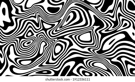 Black white wavy background optical illusion. Lines stripes pattern distortion ripple effect.
