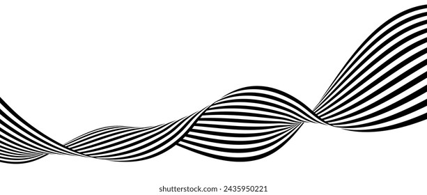 Black and white wavy bent ribbon element. Curved stripe shape background. Liquid abstract line wallpaper for banner, cover, poster, presentation, brochure, flyer. Optical illusion art backdrop. Vector