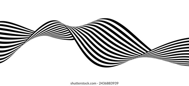 Black and white wavy bent ribbon element. Curved stripe shape background. Liquid abstract line wallpaper for banner, cover, poster, presentation, brochure, flyer. Optical art backdrop. Vector