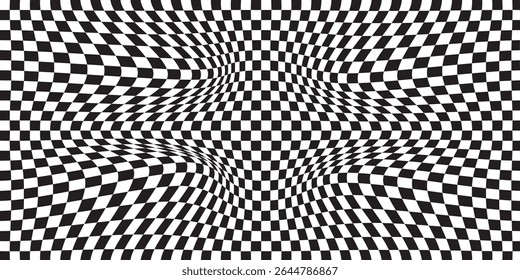  black and white wavy checkerboard background. Retro psychedelic checkered wallpaper. Wavy groovy chessboard surface. Distorted geometric pattern. Trendy modern. eps 10