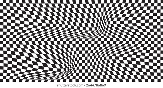  black and white wavy checkerboard background. Retro psychedelic checkered wallpaper. Wavy groovy chessboard surface. Distorted geometric pattern. Trendy modern. eps 10