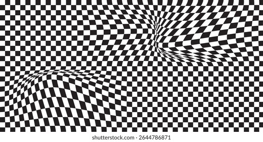  black and white wavy checkerboard background. Retro psychedelic checkered wallpaper. Wavy groovy chessboard surface. Distorted geometric pattern. Trendy modern. eps 10
