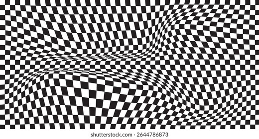  black and white wavy checkerboard background. Retro psychedelic checkered wallpaper. Wavy groovy chessboard surface. Distorted geometric pattern. Trendy modern. eps 10