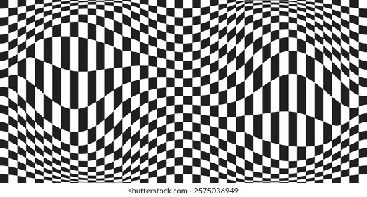 Black and white wavy checkered flag optical design, ideal for backgrounds, motorsport themes, and dynamic graphic projects.