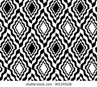 Black and white wavy diamonds.Seamless stylish geometric background. Modern abstract pattern. Flat monochrome design.