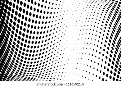 Black and white wavy halftone pattern. Background with points, dots, circles. Futuristic twisted panel. Abstract monochrome backdrop. Vector illustration
