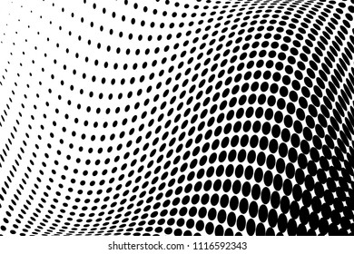 Black and white wavy halftone pattern. Background with points, dots, circles. Futuristic twisted panel. Abstract monochrome backdrop. Vector illustration