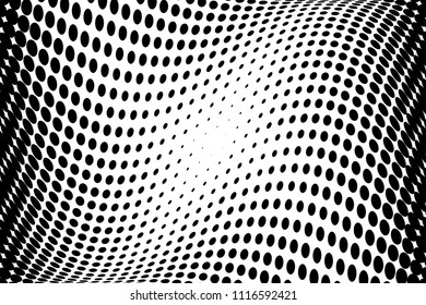 Black and white wavy halftone pattern. Background with points, dots, circles. Futuristic twisted panel. Abstract monochrome backdrop. Vector illustration