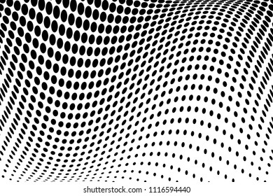 Black and white wavy halftone pattern. Background with points, dots, circles. Futuristic twisted panel. Abstract monochrome backdrop. Vector illustration