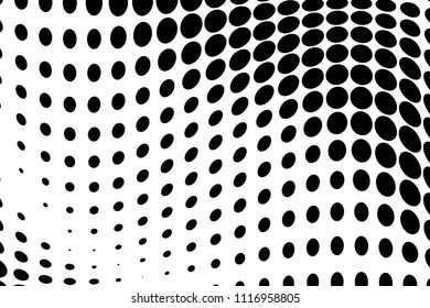 Black and white wavy halftone pattern. Background with points, dots, circles large scale. Futuristic twisted panel. Abstract monochrome backdrop. Dynamic style, motion design Vector illustration