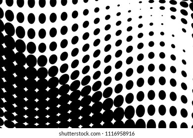 Black and white wavy halftone pattern. Background with points, dots, circles large scale. Futuristic twisted panel. Abstract monochrome backdrop. Dynamic style, motion design Vector illustration