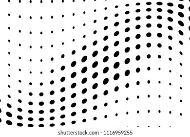 Black and white wavy halftone pattern. Background with points, dots, circles large scale. Futuristic twisted panel. Abstract monochrome backdrop. Dynamic style, motion design Vector illustration
