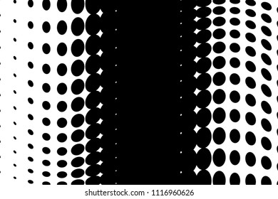Black and white wavy halftone pattern. Background with points, dots, circles large scale. Futuristic twisted panel. Abstract monochrome backdrop. Dynamic style, motion design Vector illustration