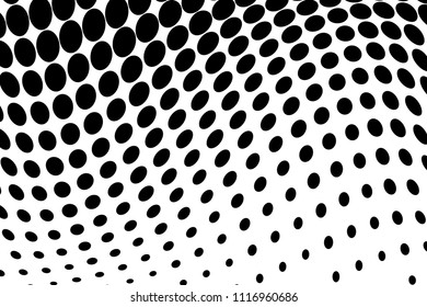 Black and white wavy halftone pattern. Background with points, dots, circles large scale. Futuristic twisted panel. Abstract monochrome backdrop. Dynamic style, motion design Vector illustration