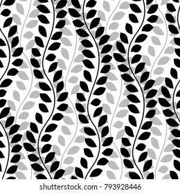 Black and white wavy ivy vines leaves vertical seamless pattern, vector