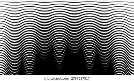 Black and white wavy line pattern desktop wallpaper creating an optical illusion effect, smooth texture vector