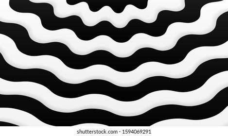 Black and white wavy linear stripped background vector design. Abstract optical illusion backdrop.